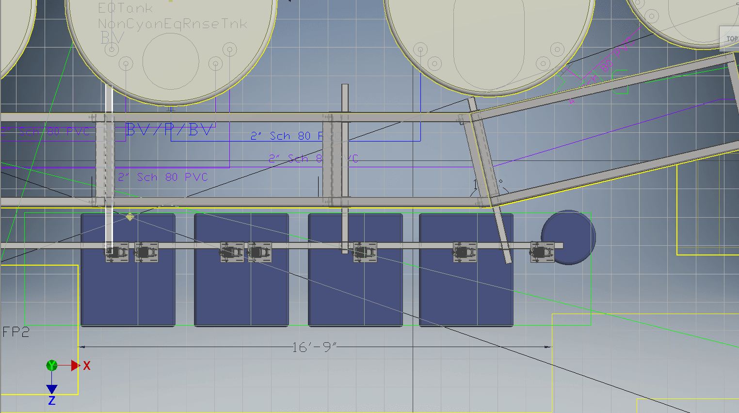 Engineered drawing of a chemical pump, tote and drum location layout